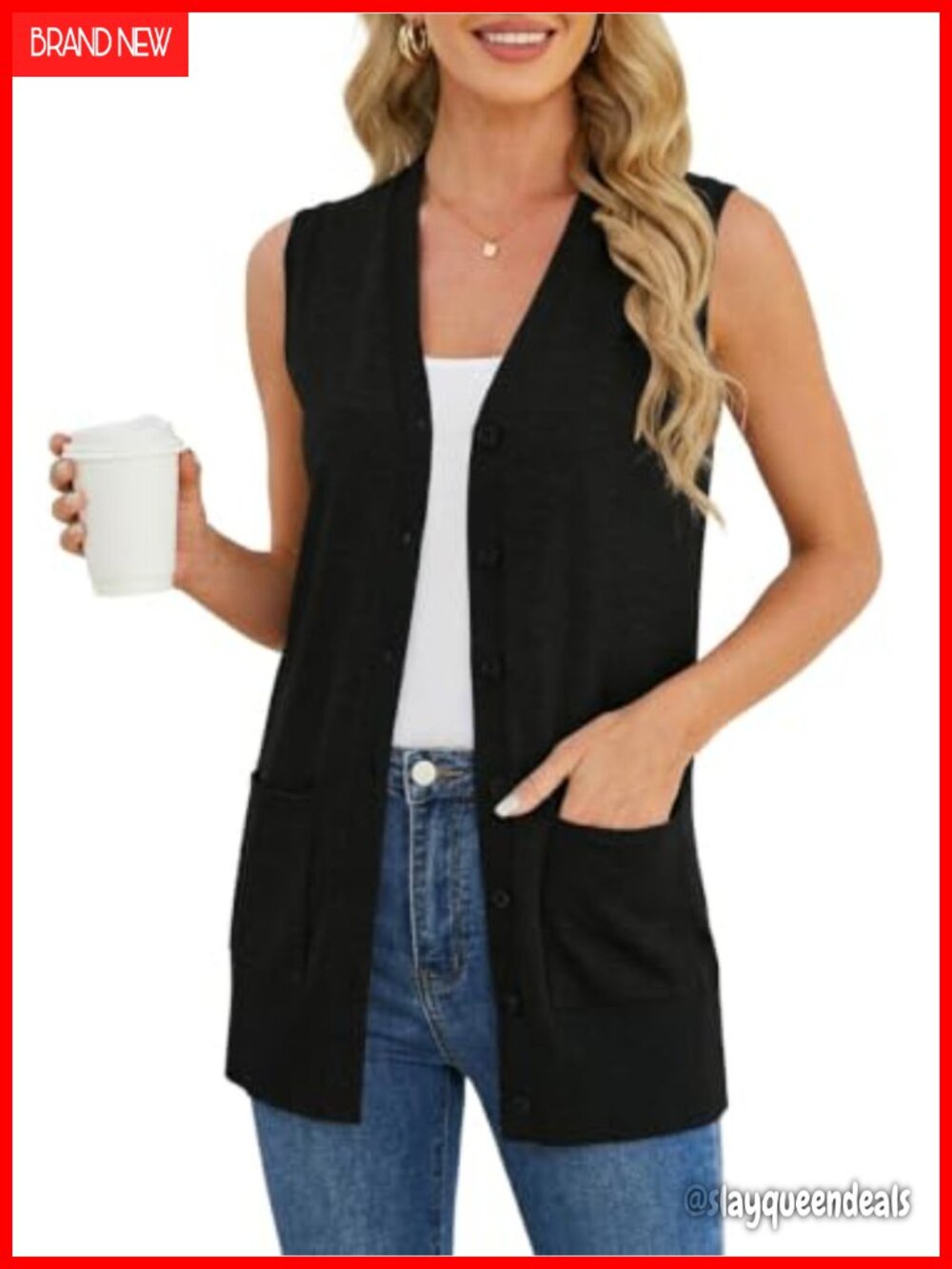 Sleeveless Knit Cardigan Vest with Pockets, Soft Lightweight Sweater Duster